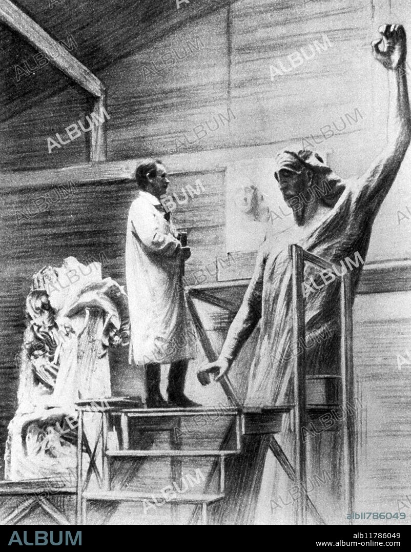 Rudolf Steiner at work in his studio near the Goetheanum at Dornach 1914 sculpting his great statue of Christ and the two Adversaries The Representative of Humanity. Rudolf Steiner (February 27, 1861 - March 30, 1925) was an Austrian philosopher, literary scholar, architect, playwright, educator, and social thinker.