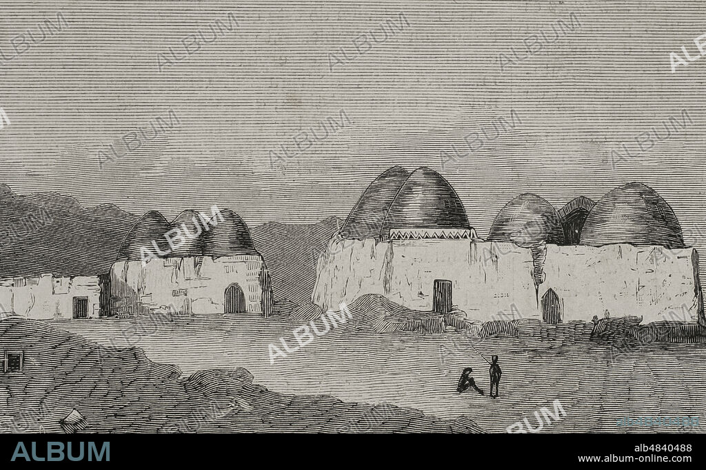 History of Afghanistan, 19th century. Traditional houses in Gundan. Engraving. La Ilustración Española y Americana (The Spanish and American Illustration), 1878.