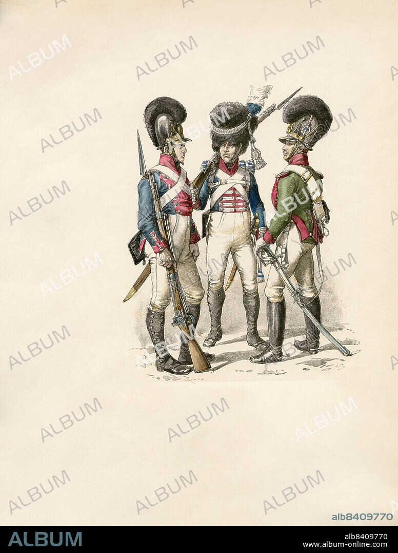 Bavarian Army, Infantryman 1814-1825, Grenadier of the Guard 1812-1815, Light Cavalryman 1805-1812, Illustration, The History of Costume, Braun & Schneider, Munich, Germany, 1861-1880.