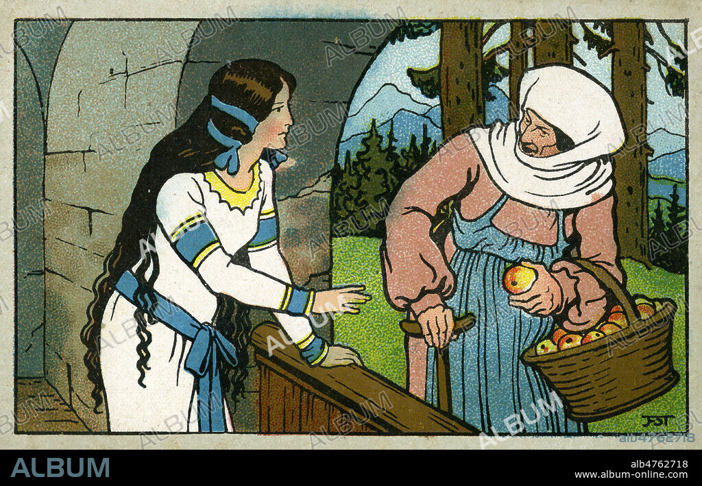 BLANCHE NEIGE - Contes de Charles Perrault, Serie de Cartes postales imprimees en chromolithographie, vers 1900, Anonyme signee FST. Credit IM/KHARBINE TAPABOR.
