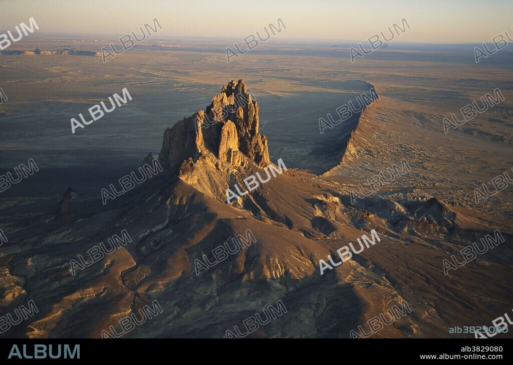 Shiprock, a volcanic neck, and radiating dykes in New Mexico.