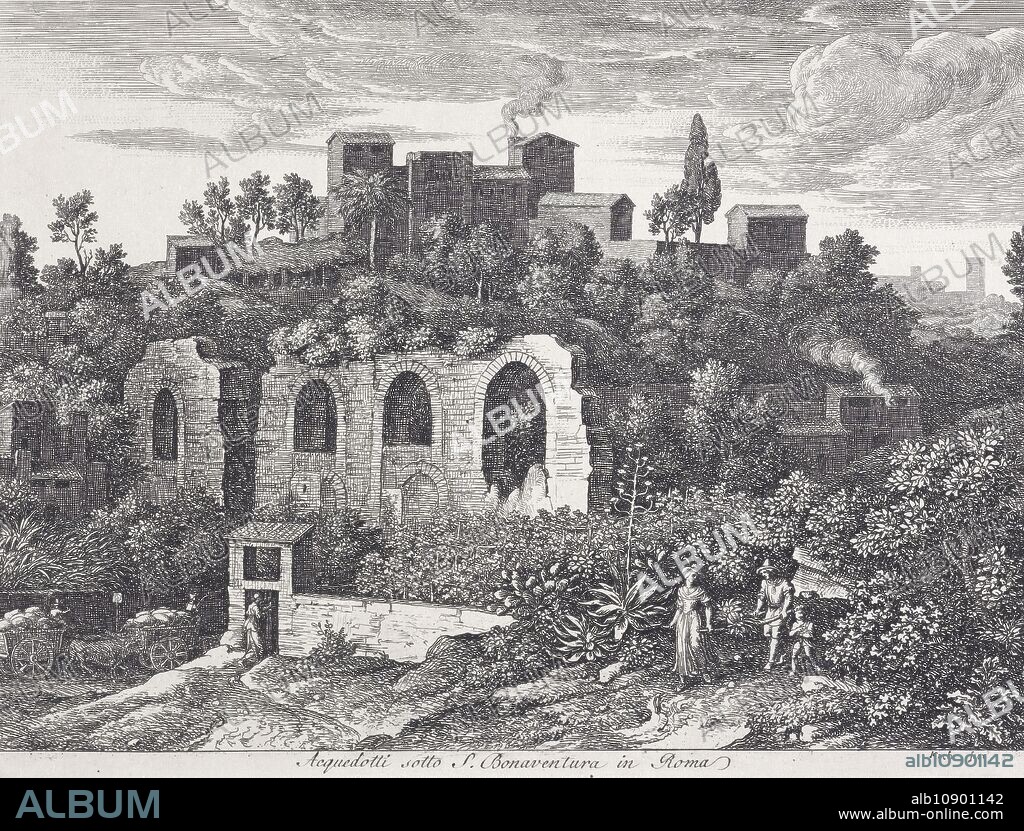 JOSEPH ANTON KOCH. Die Römischen Ansichten (Views of Rome)/ Acquedotti sotto S. Bonaventura in Roma, 1810. From a series of 20 etchings in the series Die Römischen Ansichten (Views of Rome). This depicts the terminus of a branch of the Claudian aqueduct under the monastery of San Bonaventura in Rome. The aqueduct is a memorial to ancient Roman technology - it was built under the orders of the emperor Domitian to supplement the water supply to the Palatine complex.