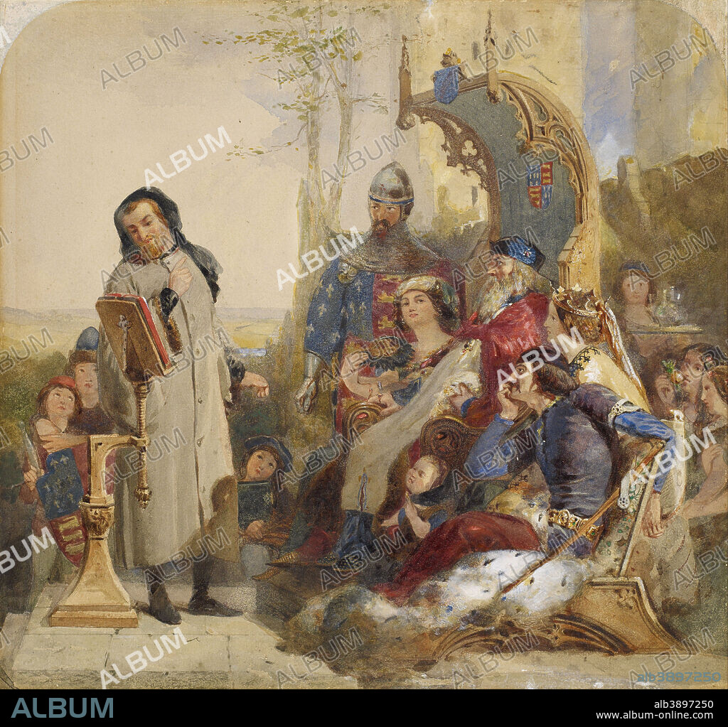 FORD MADOX BROWN. Chaucer at the Court of Edward III - Watercolour Version. Date/Period: 1854. Painting. Watercolour with bodycolour on paper. Width: 386 mm. Height: 365 mm.