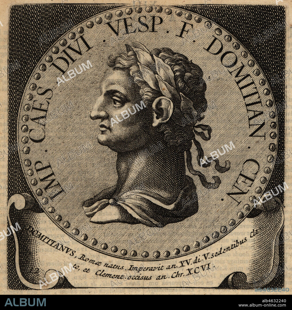 Roman Emperor Domitian, 51AD-96AD, Titus Flavius Caesar Domitianus Augustus. Copperplate engraving from Abraham Bogaerts De Roomsche Monarchy, The Roman Monarchy, Francois Salma, Utrecht, 1697.