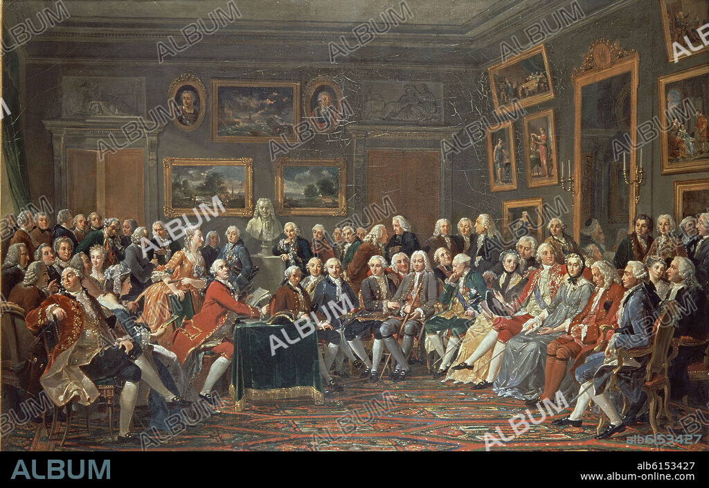 ANICET CHARLES GABRIEL LEMONNIER. PRIMERA LECTURA EN CASA DE MADAME GEOFFRIN DE EL HUERFANO DE CHINA TRAGEDIA DE VOLTAIRE EN 1725 - D´ALEMBERT LEYENDO - SIGLO XVIII - BARROCO FRANCES.