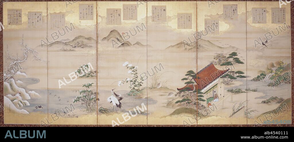 Teika's Poems for the Twelve Months, Tosa Mitsunari (Japanese, 1646-1710), Edo, 1646-1710, ink, color and gold leaf on paper, six-fold screen, 67 x 147-1/2 (overall), Asian Art.