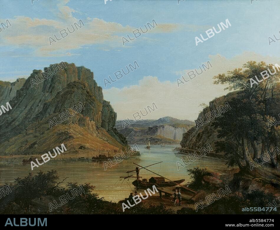 Lorelei bei Sankt Goarshausen am Rhein. (Schieferfelsen, Höhe 132 m; Schauplatz der Lorelei-Sage). "Ansicht des Loreley-Felsens bei St. Goarshausen". Gouache und Pastell, um 1840, von Johann Ludwig Bleuler (1792-1850). Düsseldorf, Heinrich-Heine-Institut.
