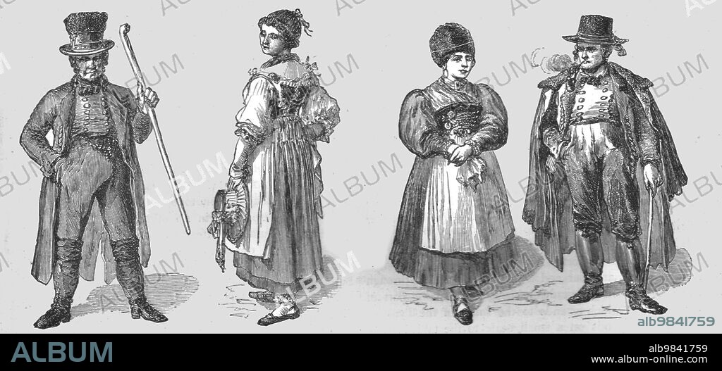 'Bavarians and Bavarian costumes; From Alsace to the Hartz', 1975. From, 'Illustrated Travels' by H.W. Bates. [Cassell, Petter, and Galpin, c1880, London].