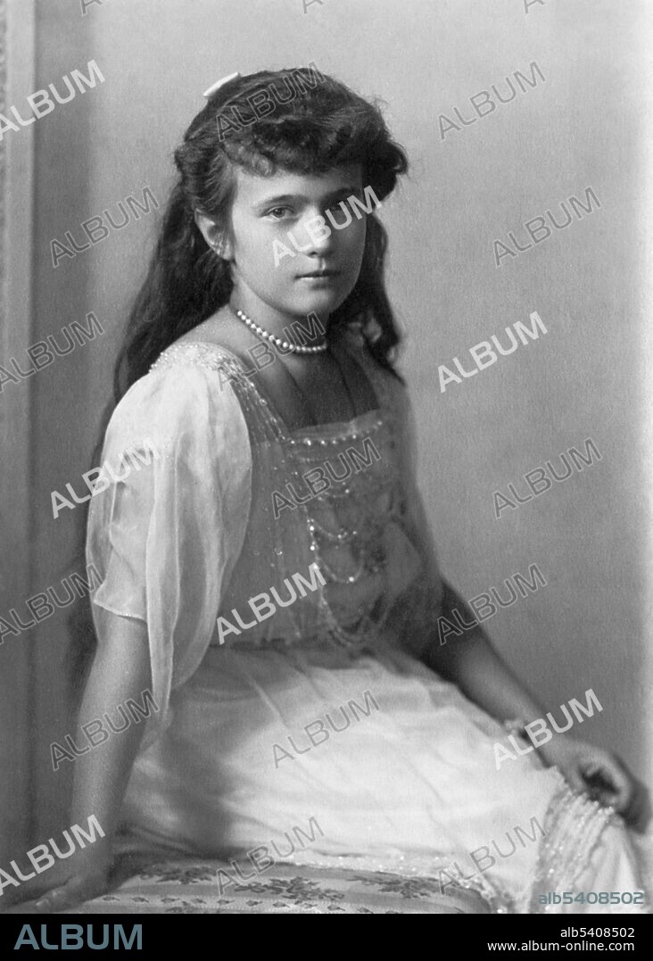Portrait of the Grand Duchess Anastasia Nikolaevna Romanova of Russia (1901-1918) was the youngest daughter of Tsar Nicholas II, the last sovereign of Imperial Russia, and his wife, Tsarina Alexandra Feodorovna. Anastasia and her family were executed by their Bolshevik guards in 1918.