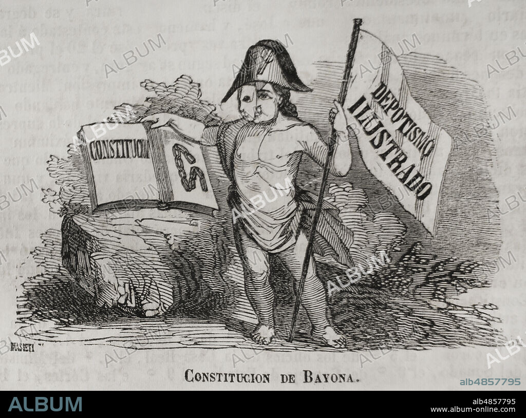 Constitución de Bayona, también llamada"Estatuto de Bayona". Norma redactada por Napoleón Bonaparte para el gobierno de España, aprobada en la ciudad francesa de Bayona el 6 de julio de 1808, nombrando a José Bonaparte como rey de España. Ilustración alegórica. Grabado. Historia del Levantamiento, Guerra y Revolución de España, por el Conde de Toreno. Madrid,1852.
