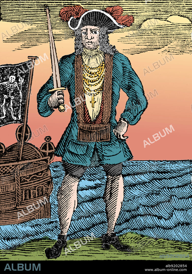 Bartholomew Roberts (1682-1722), born John Roberts, was a Welsh pirate and the most successful pirate of the Golden Age of Piracy, measured by vessels captured. Illustration from "The History and lives of all the most notorious pirates, and their crews," 1725. Colorized.