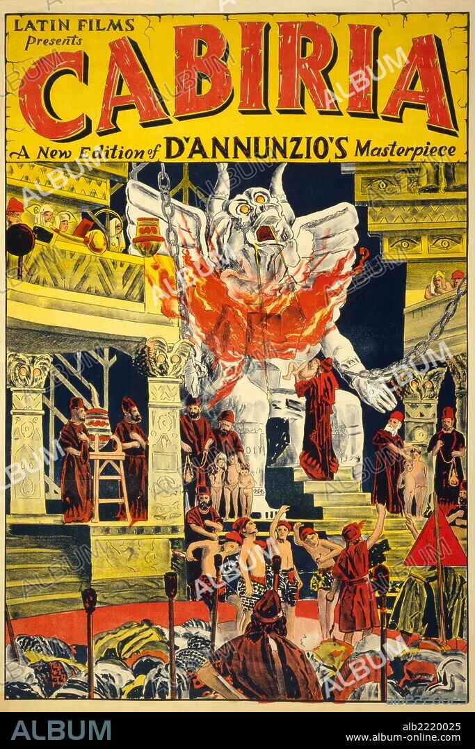 A silent era film poster featuring a scene where Cabiria is about to be sacrificed to the god Moloch.