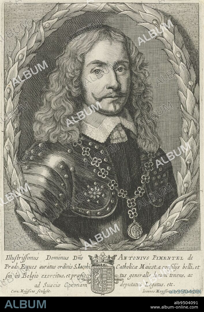 Portrait of Don Antonio Pimentel de Prado, councillor to Queen Christina of Sweden Below in the margin his coat of arms and a four-line text in Latin, Portrait of Don Antonio Pimentel de Prado, print maker: Cornelis Meyssens, (mentioned on object), publisher: Joannes Meyssens, (mentioned on object), Antwerp, 1650 - 1670, paper, engraving, h 179 mm × w 123 mm.
