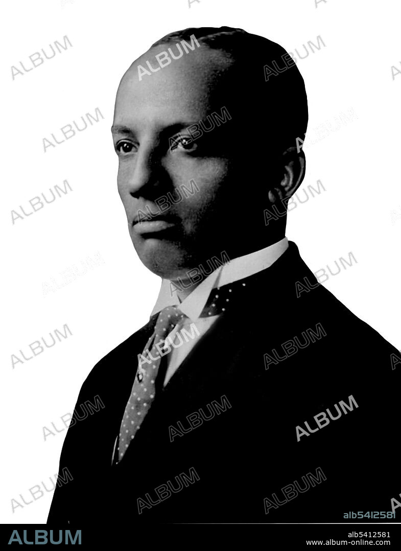 Carter Godwin Woodson (December 19, 1875 - April 3, 1950) was an American historian, author, and journalist. In 1915 he helped found the Association for the Study of Negro Life and History. In 1916, Woodson began publication of the scholarly Journal of Negro History. It has never missed an issue, despite the Great Depression, loss of support from foundations, and two World Wars. In 1926, Woodson pioneered the celebration of Negro History Week (precursor to Black History Month), designated for the second week in February, to coincide with marking the birthdays of Abraham Lincoln and Frederick Douglass. No photographer credited, undated (cropped and cleaned).
