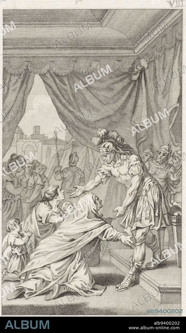 Veturia, the mother of Coriaolanus, and Volumnia, his wife, accompanied by their two sons, beg the Roman army commander Coriolanus to abandon his intention to lay siege to Rome. Veturia and Volumnia before Coriolanus, print maker: Ludwig Gottlieb Portman, intermediary draughtsman: Jacobus Buys, Utrecht, 1793, paper, etching, h 215 mm × w 132 mm.