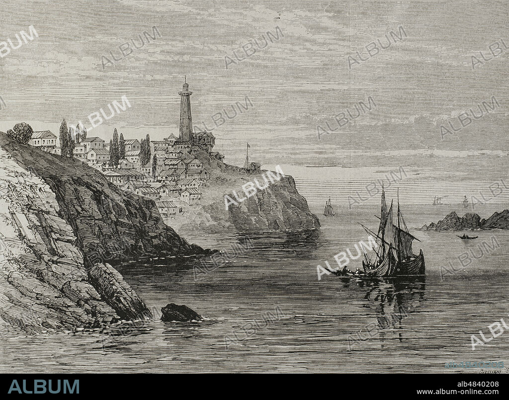 Historia de Turquía. Faro del Bósforo a la entrada del Mar Negro, en la costa europea. Grabado. La Ilustración Española y Americana, 1878.