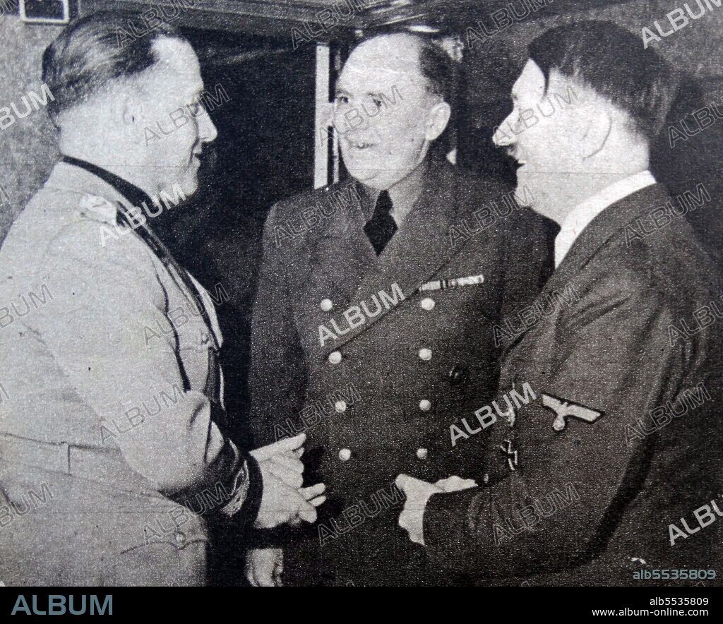 Count Ciano, Adolf Hitler and his interpreter Dr Schmidt, in Vienna. Gian Galeazzo Ciano, 2nd Count of Cortellazzo and Buccari (18 March 1903 - 11 January 1944) was an Italian diplomat and politician who served as Foreign Minister in the government of his father-in-law, Benito Mussolini, from 1936 until 1943. Paul-Otto Schmidt (23 June 1899 - 21 April 1970) was an interpreter in the German foreign ministry from 1923 to 1945. Adolf Hitler (20 April 1889 - 30 April 1945) was an Austrian-born German politician who was the dictator of Germany from 1933 until his death in 1945. He rose to power as the leader of the Nazi Party, becoming the chancellor in 1933 and then assuming the title of Fuhrer und Reichskanzler in 1934. During his dictatorship, he initiated World War II in Europe by invading Poland on 1 September 1939. He was closely involved in military operations throughout the war and was central to the perpetration of the Holocaust, the genocide of about six million Jews and millions of other victims.