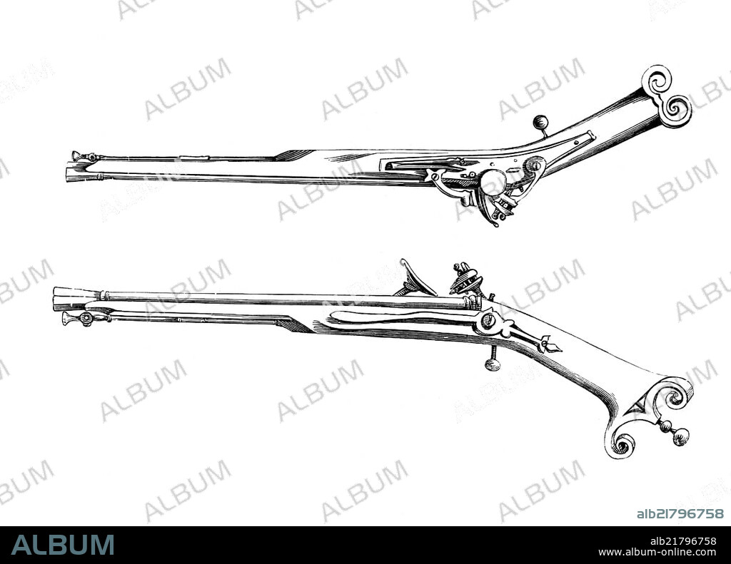 Snaphance Highland pistol, with very straight iron stock, circa 1630, A snaphance or snaphaunce is a type of firearm lock in which a flint struck against a striking plate over a steel pan ignites the priming powder that sets the weapon in motion, from the book The British Army, 1868, Historic, digitally restored reproduction from a 19th century original, Record date not stated