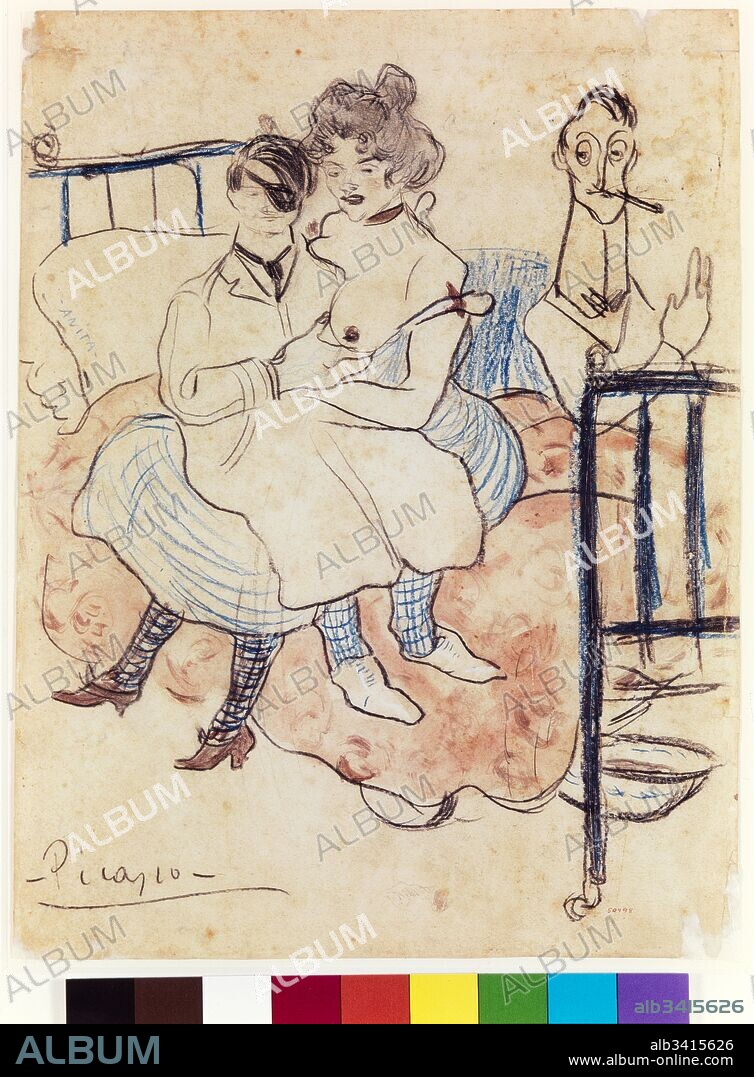Pablo Picasso, 1902-03, "The brothers Mateu and Àngel Fernández de Soto with Anita", Conté crayon, blue coloured pencil and watercolour on paper, 31x23,7 cm. MBP 50.498.