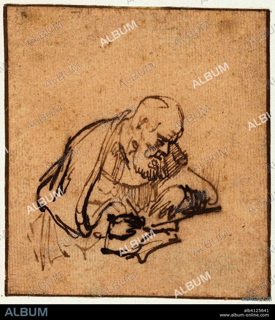 Old, Bearded Man Writing. Draughtsman: Rembrandt van Rijn (school of). Dating: c. 1640 - c. 1650. Place: Amsterdam. Measurements: h 88 mm × w 80 mm.