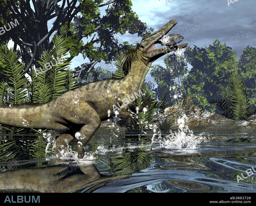 Austroraptor dinosaur fishing in a river next to gingko trees.