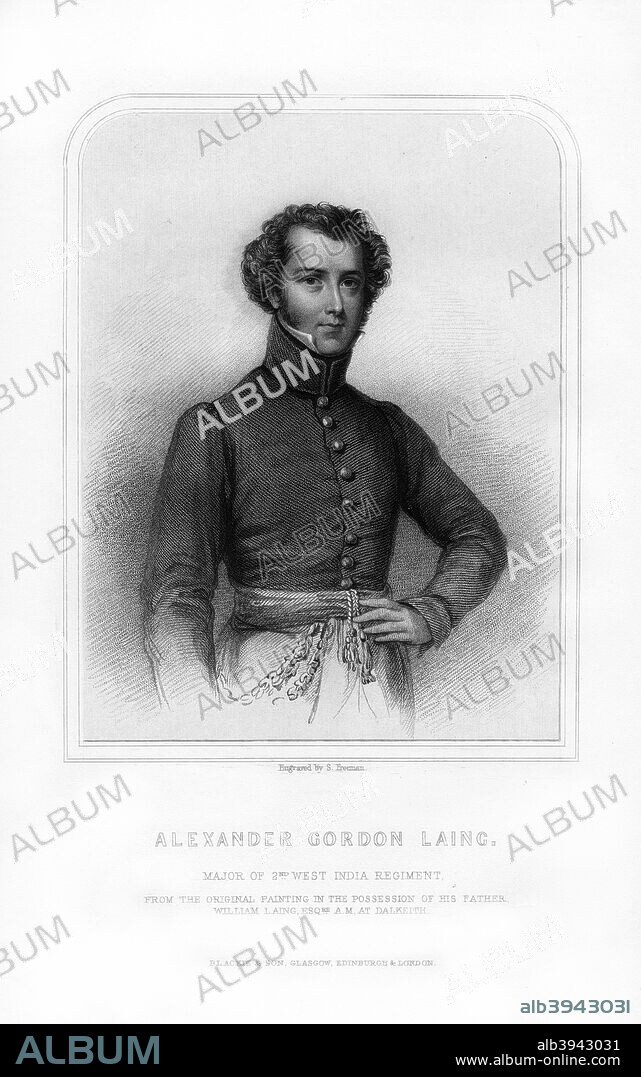 Alexander Gordon Laing, Scottish explorer, (1870). Whilst exploring the basin of the River Niger, Laing (1793-1826) became the first European to reach Timbuktu. He was murdered shortly after leaving the city in September 1826. An engraving from Robert Chambers' A Biographical Dictionary of Eminent Scotsmen, Blackie and Son, (Glasgow, Edinburgh, and London, 1870).