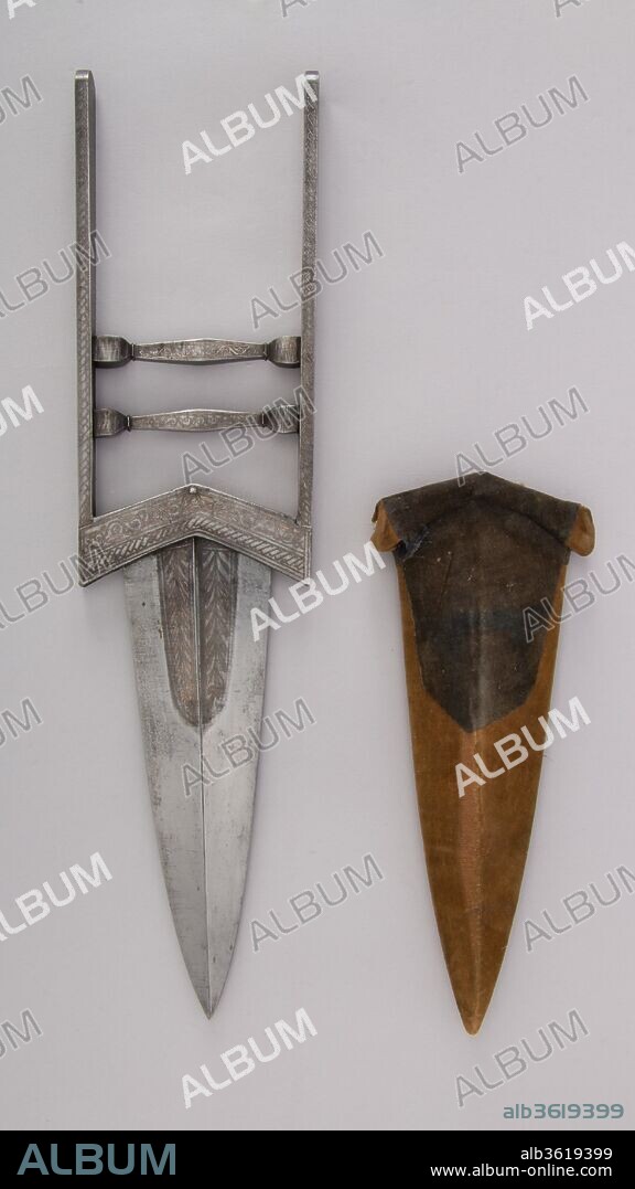 Dagger (Katar) with Sheath. Culture: Indian. Dimensions: L. with sheath 16 7/8 in. (42.9 cm); L. without sheath 15 3/4 in. (40 cm); L. of blade 8 1/16 in. (20.5 cm); W. 4 in. (10.2 cm); D. 3/4 in. (1.9 cm); Wt. 1 lb. 11.7 oz. (785.3 g); Wt. of sheath 1.1 oz (31.2 g). Date: 19th century.