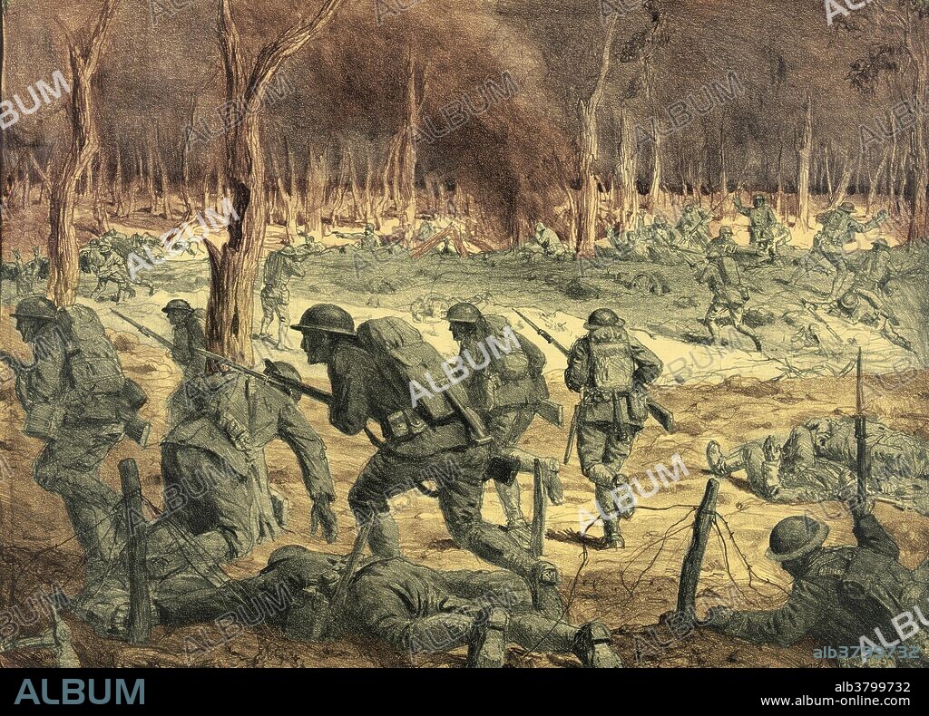 Sketch of an infantry attack in woods at Argonne front by Lucien Jonas. The Battle of the Argonne Forest, was a part of the final Allied offensive of WWI that stretched along the entire Western Front. It was fought from September 26, 1918, until the Armistice on November 11, a total of 47 days. The battle was the largest in United States military history, involving 1.2 million American soldiers, and was one of a series of Allied attacks known as the Hundred Days Offensive, which brought the war to an end. The Meuse-Argonne was the principal engagement of the American Expeditionary Forces during WWI.