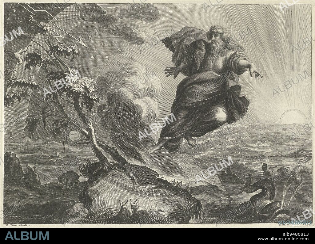 Creation of the world, Peter Paul Bouché, after Monogrammist HA (inventor), 1685 - 1732, God floats in the sky and shapes the universe: he creates light and darkness, earth, sea, sky and stars., print maker: Peter Paul Bouché, print maker: Philip van Gunst, (mentioned on object), Bernard Picart, (mentioned on object), Amsterdam, 1685 - 1732, paper, etching, engraving, h 162 mm × w 232 mm.