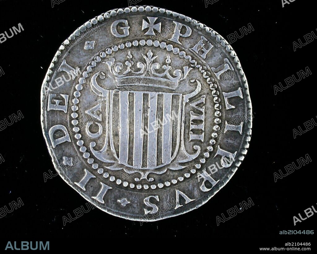 NUMISMATICA. MONEDA MODERNA. OCHO REALES DE PLATA, DE FELIPE III. ANVERSO. ESCUDO CORONADO DE BARCELONA-ARAGON. (DEPOSITO: MUSEO ARQUEOLOGICO NACIONAL).