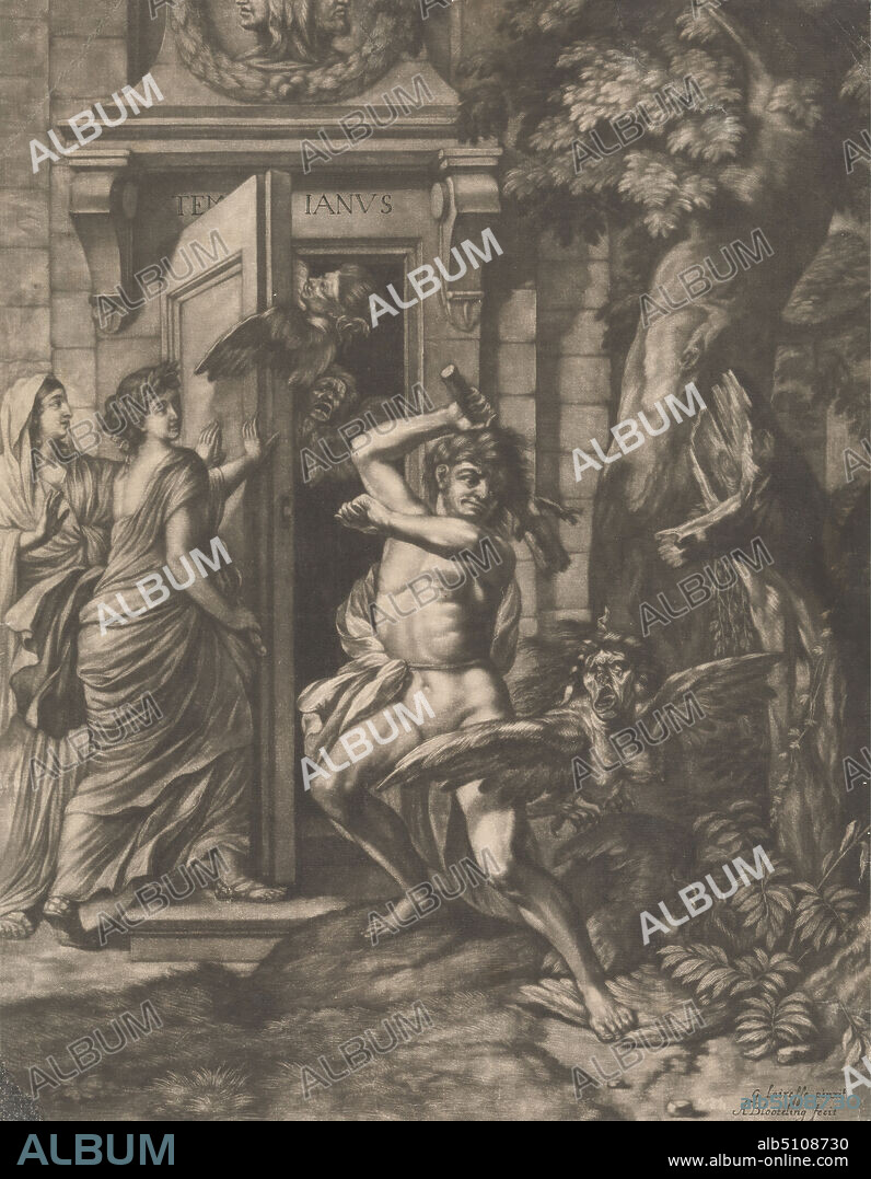 Hercules before the Temple of Janus, Print made by Abraham Blooteling, 16401690, Dutch, after Gerard de Lairesse, 16401711, Flemish, Published by Abraham Blooteling, 16401690, Dutch, between 1680 and 1690, Mezzotint on medium, slightly textured, cream laid paper, Sheet: 13 11/16 × 10 11/16 inches (34.8 × 27.1 cm), aggressive, unfriendly activities and relationships of Hercules, architectural subject, club (weapon), death, door, fighting, harpies, hero, man, mythology, nude, relief, religious and mythological subject, temple, togas, wings (costume accessories), women, wreaths, Italy, Lazio, Roma, Roman Forum, Rome, Temple of Janus.