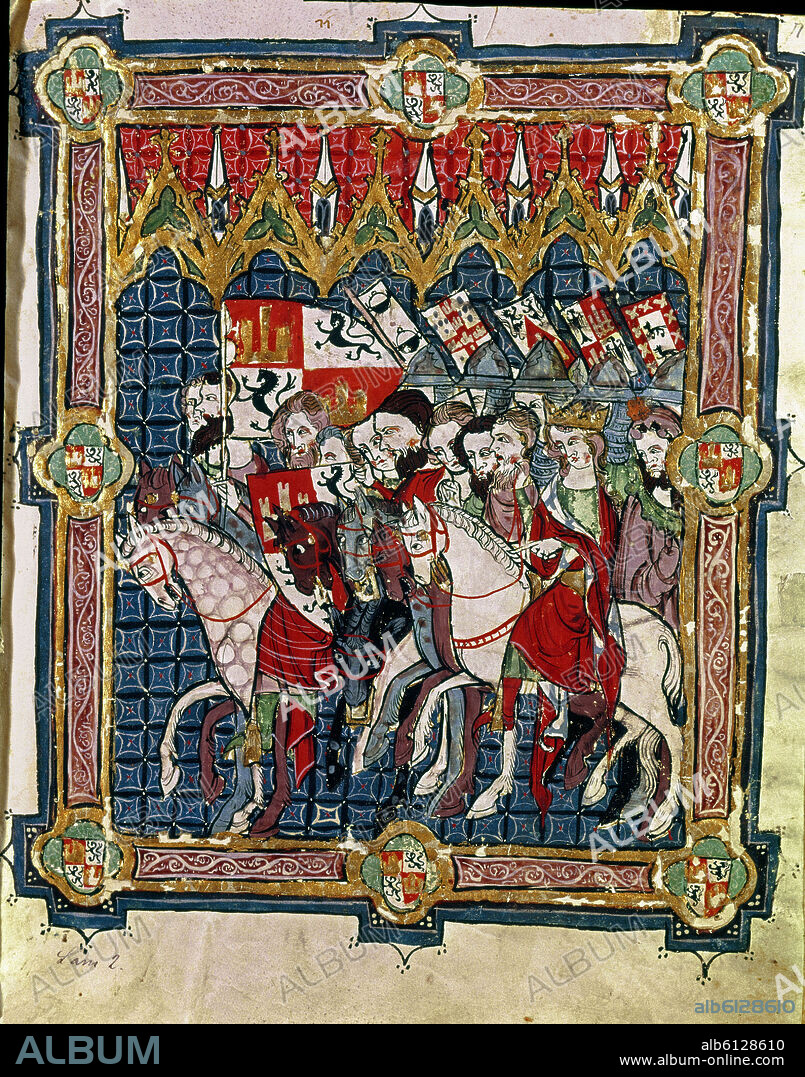 LIBRO DE LA CORONACION DE LOS REYES DE CASTILLA Y ARAGON - SIGLO XIV - REY DE CASTILLA Y SU SEQUITO.