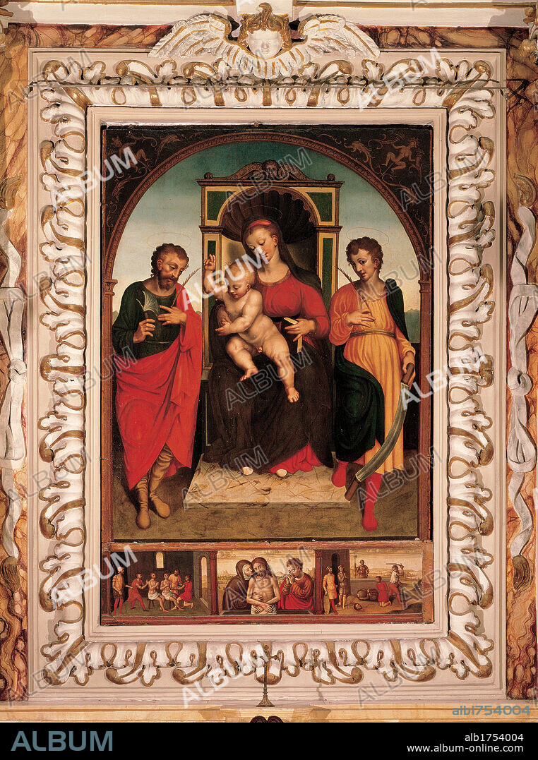 Madonna and Child with Sts Crispin and Crispinian, by Cambiaso Giovanni, Cambiaso Luca, Brea Francesco, 16th Century, panel. Italy, Liguria, Taggia, Imperia, Santi Giacomo e Filippo church. All. Throne Madonna Child Sts Crispin Crispianus framed by a painted round arch predella episodes from the life of Christ red yellow dark; brown shades; hues; tones black white.