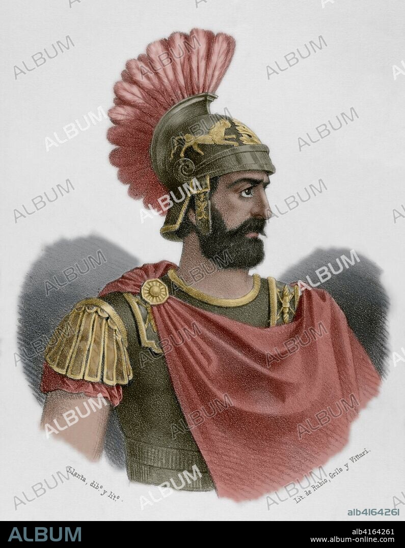 Lucio Marcio Séptimo. Militar romano del siglo III a. C. Conocido por su participación en la II Guerra Púnica en territorio Hispano. Dibujo por Llanta. Litografía. Coloreada. Crónica General de España, Historia Ilustrada y Descriptiva de sus Provincias. Cataluña, 1866.