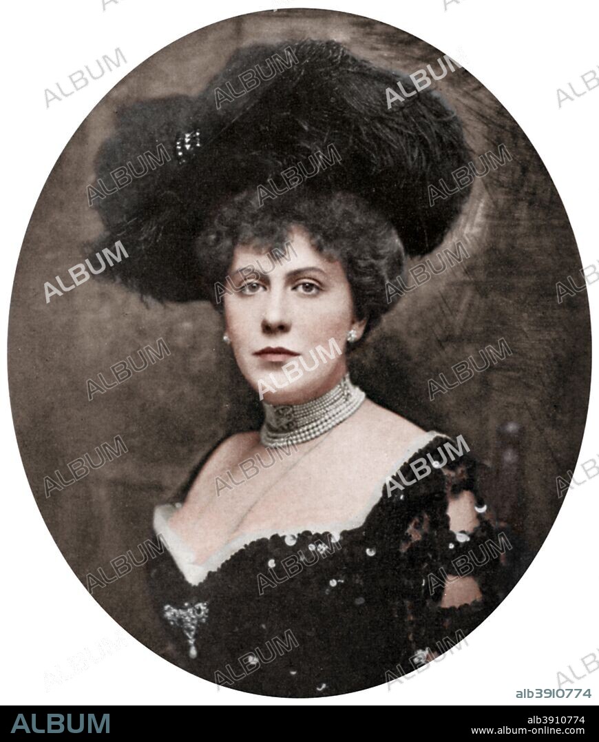 Alice Keppel, English socialite, 1906 (1964). Alice Keppel (1868-1947) was the most famous mistress of King Edward VII. They met in 1898 when Edward was still Prince of Wales and their relationship continued until his death in 1910. A print from King Edward the Seventh, by Philip Magnus, William Clowes and Sons Ltd, London, 1964. (Colorised black and white print).