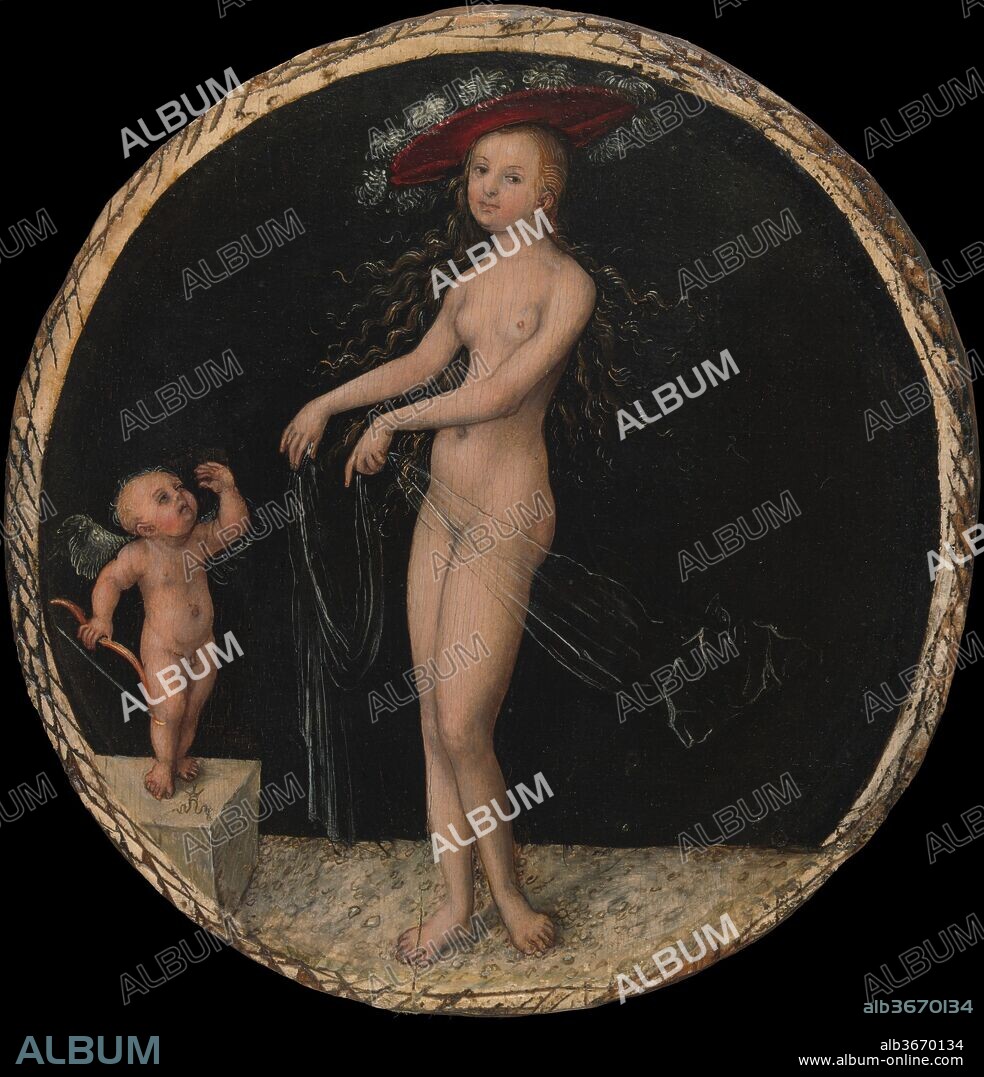 Venus and Cupid. Artist: Lucas Cranach the Elder (German, Kronach 1472-1553 Weimar). Dimensions: Diameter 4 3/4 in. (12.1 cm). Date: ca. 1525-27.
Cranach often treated the theme of Venus and Cupid, but this excellently preserved panel is the only version in a round format. Playing coquettishly with her veil and glancing at the viewer, Venus ignores Cupid, who is agitated by the situation. His arrow is missing, suggesting that he has been disarmed and is powerless against his mother. The picture was likely intended for display in a personal <i>studiolo</i>. Cranach might have painted the roundel not on commission but on speculation, to be sold to discerning collectors already conditioned by the tradition of medals and plaquettes to appreciate such refined work.