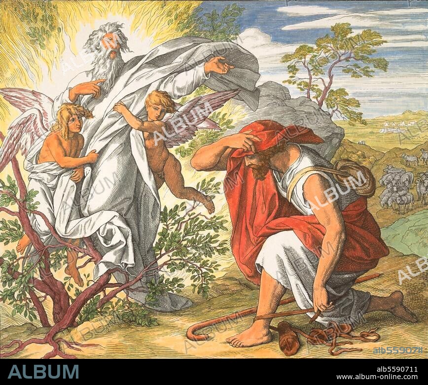 JULIUS SCHNORR VON CAROLSFELD. Schnorr von Carolsfeld, Julius. 1794-1874. "Moses is called upon to lead the Israelites out of Egypt.". (Exodus 3,9-10). Woodcut, later colouring. From: The Bible in Pictures, Leipzig. (Georg Wigand) 1860, p. 47. Berlin, Sammlung Archiv für Kunst und Geschichte.