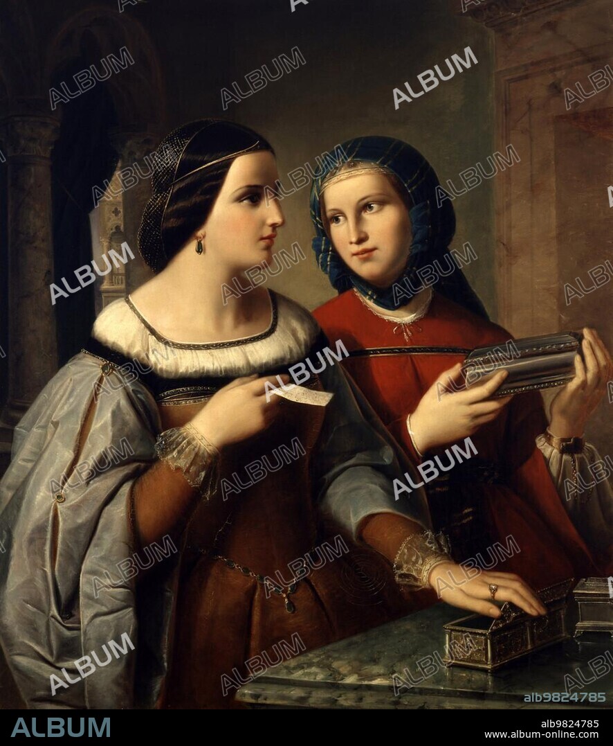 Portia and Nerissa; woman from William Shakespeare's comedy The Merchant of Venice; painting by Friedrich Brockmann; c. 1848; Historic; digitally restored reproduction from a 19th century original.
