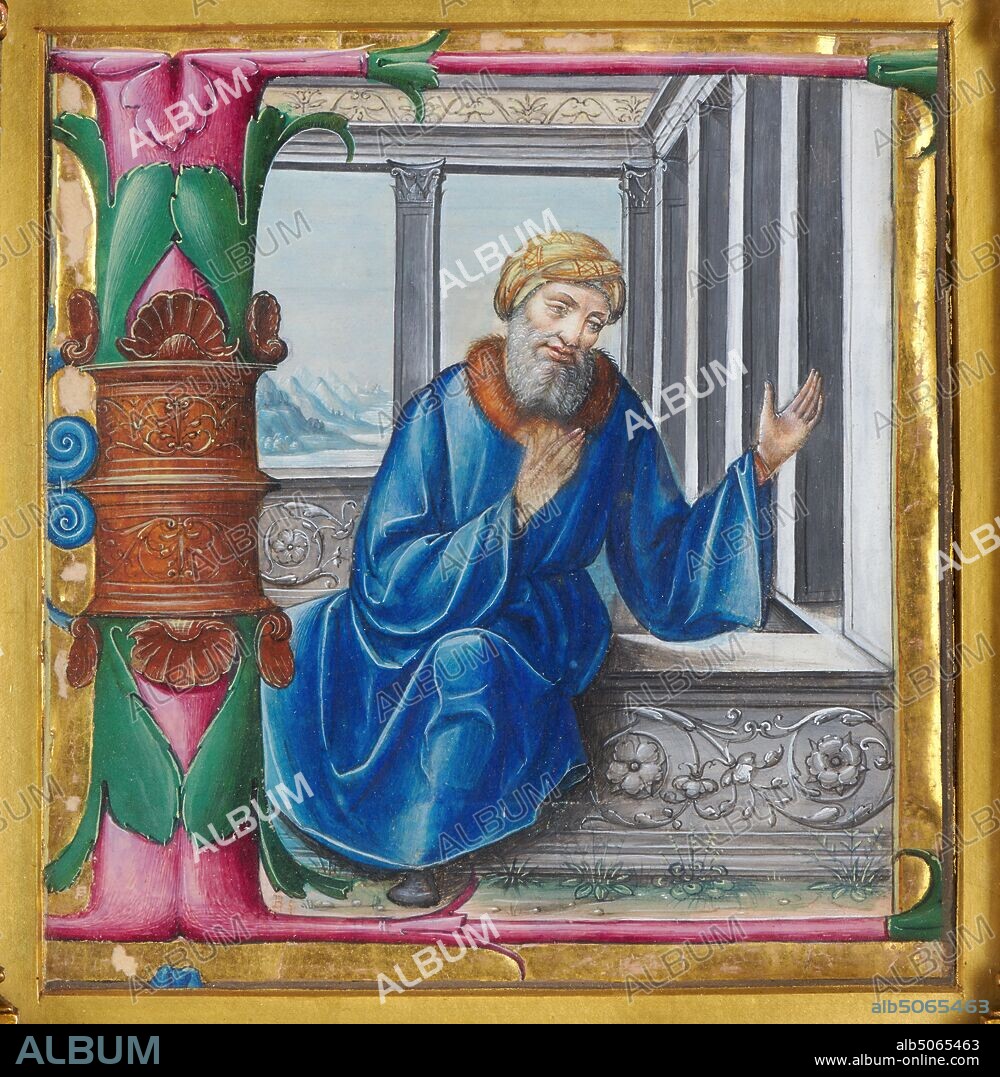 Prophet in Architectural Setting, 1530 Artist Unknown, North Italian School, Tempera and gold leaf on vellum, Tempera, Manuscript, Italy, Architecture, Frame, Bible, Illuminated, Male, 16th Century, Bearded, Clothing, Turban, Religion, Old Testament, Works on Paper.