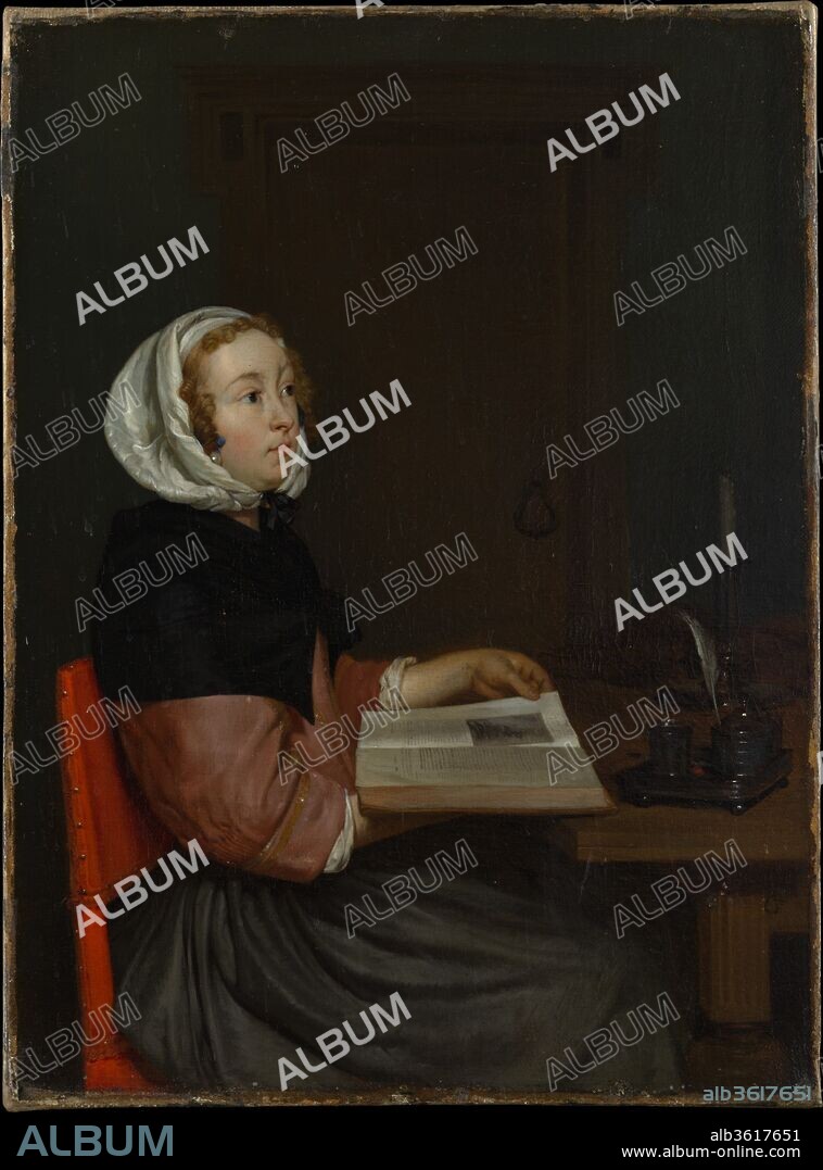 The Reader. Artist: Eglon van der Neer (Dutch, Amsterdam 1635/36-1703 Düsseldorf). Dimensions: 15 x 11 in. (38.1 x 27.9 cm).
A young woman looks up from her reading--possibly of an emblem book or illustrated treatise--absorbed in thought or distracted by something unseen. The theme was already well-established in the early 1660s, when this painting was likely made, and in his treatment Van der Neer suggests, in the young woman's fine but modest attire, the silver writing set and sealing wax, and the extinguished candle (a conventional vanitas symbol), a degree of virtue and cultivation.
For two centuries, the painting was considered to be by Gerard ter Borch. Though clearly inspired by Ter Borch, the execution is decidedly Van der Neer's own. The artist's polished mature style brought him success and noble patronage later in his career.
