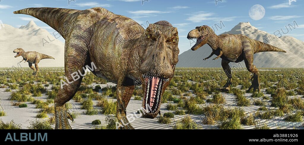 A pack of carnivorous Tyrannosaurus rex dinosaurs during Earth's Cretaceous period.