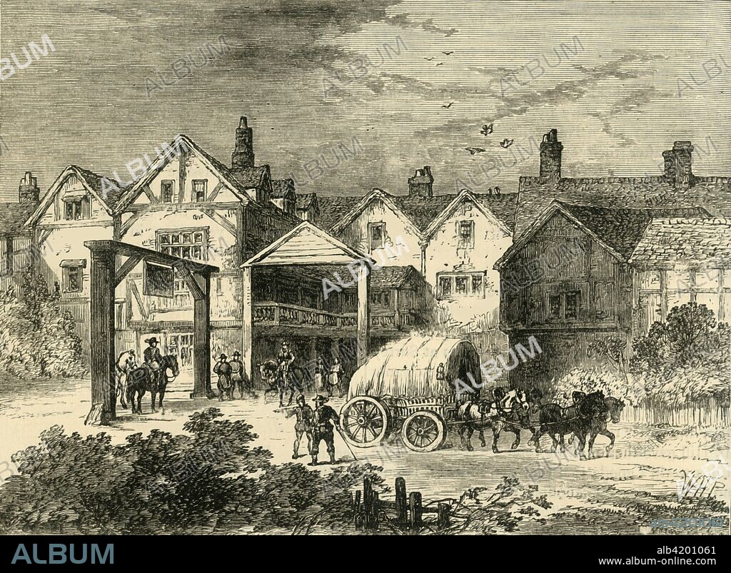 'The Old Tabard Inn, in the Seventeenth Century', (c1878). View of the Tabard Inn, Borough High Street, Southwark, London. The inn was the meeting place of the pilgrims in Chaucer's Canterbury Tales. From Old and New London: A Narrative of Its History, Its People, And Its Places. The Southern Suburbs, Volume VI, by Edward Walford. [Cassell, Petter, Galpin & Co., London, Paris & New York, c1878].