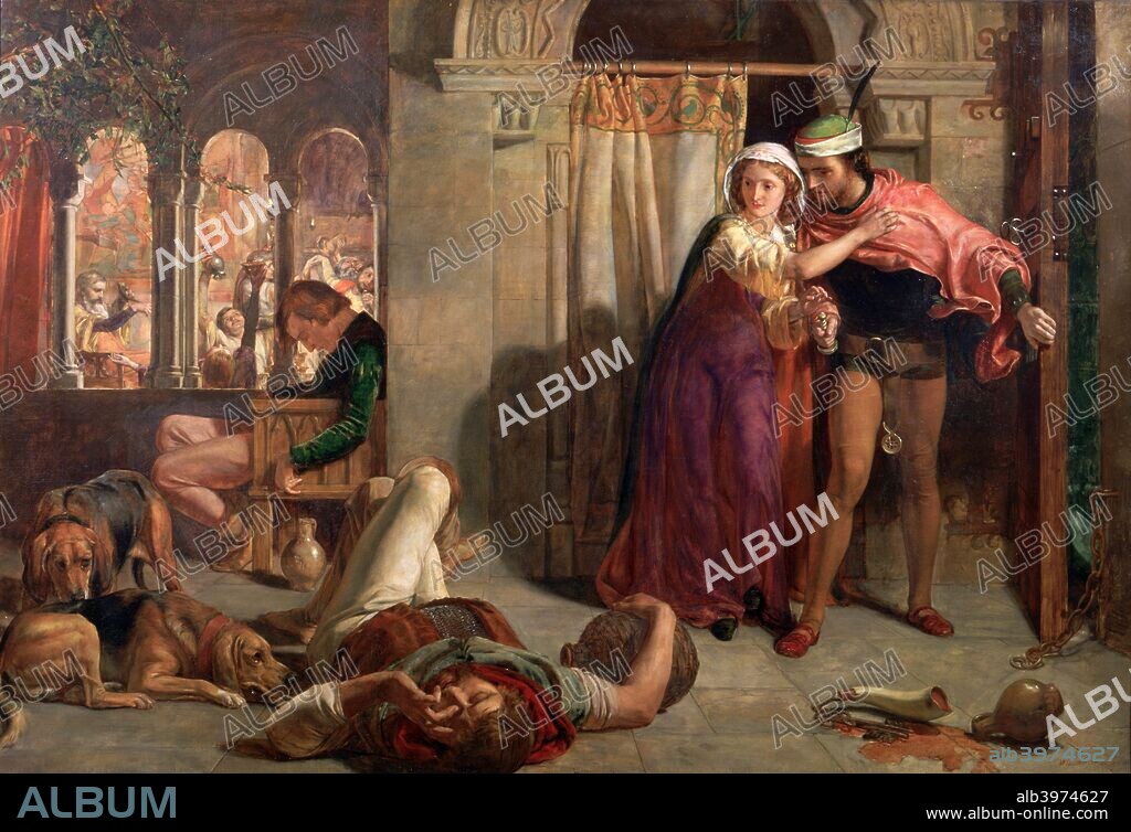 'The Eve of St Agnes'; or 'The Flight of Madeline and Porphyro during the Drunkeness attending the Revelry', 1848. A man and a woman prepare to leave a room where men lie drunk on the floor, and others can be seen through the arches on the left. Two dogs are seen at left. The subject is taken from Keats' poem of the same title.