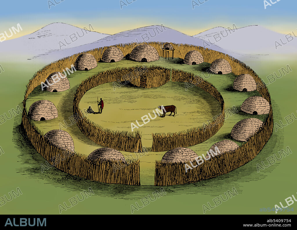 The term kraal primarily refers to the type of dispersed homestead characteristic of the Nguni-speaking peoples of southern Africa. Although from the period of colonization, European South Africans and historians commonly referred to the entire settlement as a kraal. Modern ethnographers call the several human dwellings within a homestead (Xhosa: umzi, Zulu: umuzi, Swazi: umuti) houses (singular indlu; plural Xhosa and Zulu izindlu, Swati tindlu). Folds for animals and enclosures made specially for defensive purposes are also called kraals. Image taken from page 33: The Kafirs of Natal and the Zulu Country by Joseph Shooter, 1857.