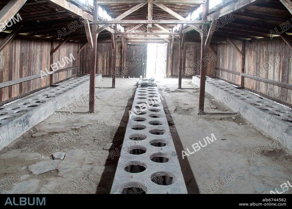 Prisoners' toilettes at barracks in Birkenau (Auschwitz) Nazi concentration camp in Poland.