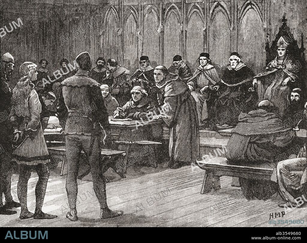 The trial of Joan of Arc in 1431. Joan of Arc, c.1412-1431, aka The Maid of Orléans. Considered a heroine of France and a Roman Catholic saint. From Cassell's History of England, published c.1901.