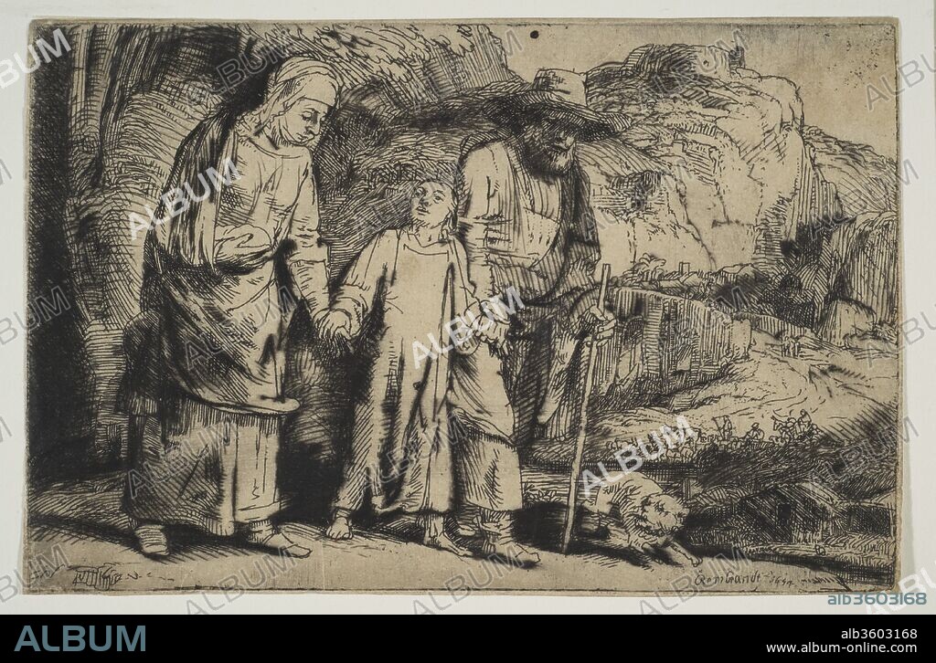 Christ between his Parents, Returning from the Temple. Artist: Rembrandt (Rembrandt van Rijn) (Dutch, Leiden 1606-1669 Amsterdam). Dimensions: Sheet (Trimmed): 3 3/4 × 5 3/4 in. (9.6 × 14.6 cm). Date: 1654.