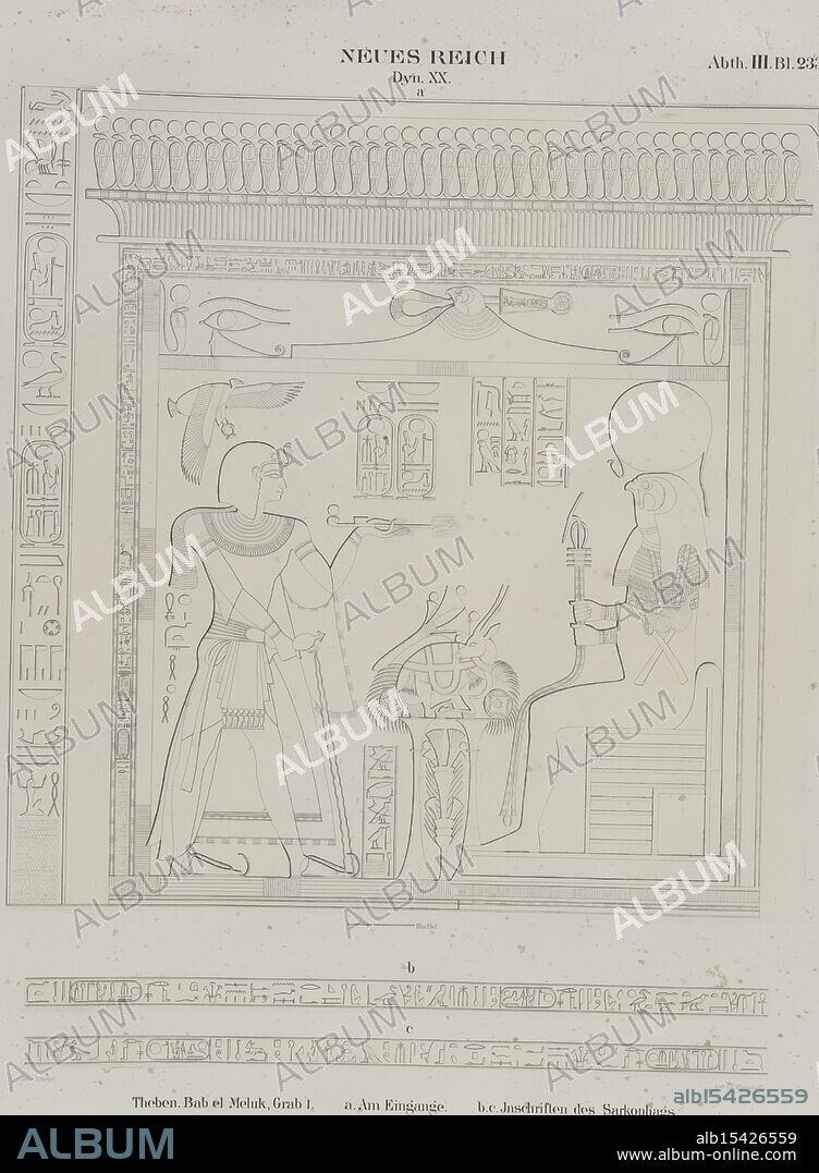 New empire. Dynasty XX Thebes Thebes. Bab el Meluk Bîbân el-Mulûk, Tomb 1: a. At the entrance; b. c. Inscriptions on the sarcophagus., Georgi, Otto (1819-1874), New Kingdom. Date Created: 1849 - 1856, Place: Berlin, Publisher: Nicolaische Buchhandlung, Egypt, Antiquities, Thebes (Egypt: Extinct city), Valley of the Kings (Egypt), Hieroglyphics, Libations, Votive offerings, Doors & doorways, Egypt, Sarcophagi, Egypt, Gods, Egyptian,Extent: Three images on one page., Ancient doors abide, Hieroglyphics whisper low, Secrets yet unsaid.