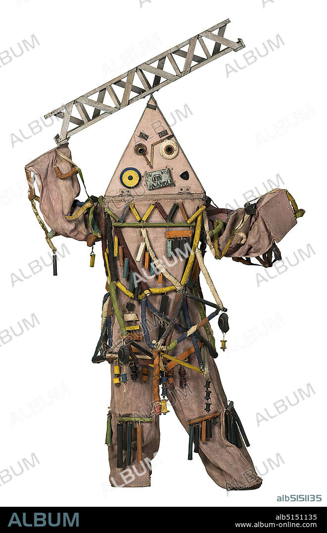 Walter Holdt, Lavinia Schulz, Mask figure technique (for Schulz, small), linen fiber, Total: Height: 174 cm (without ladder); Width: 222 cm (with ladder), On mouth of longitudinal rectangular metal sieve inscription: You are MANOLI. Back side: NEW YORK and WA[LT?]ER DER MASKENTÄNZER, costume/mask painting, expressionism.