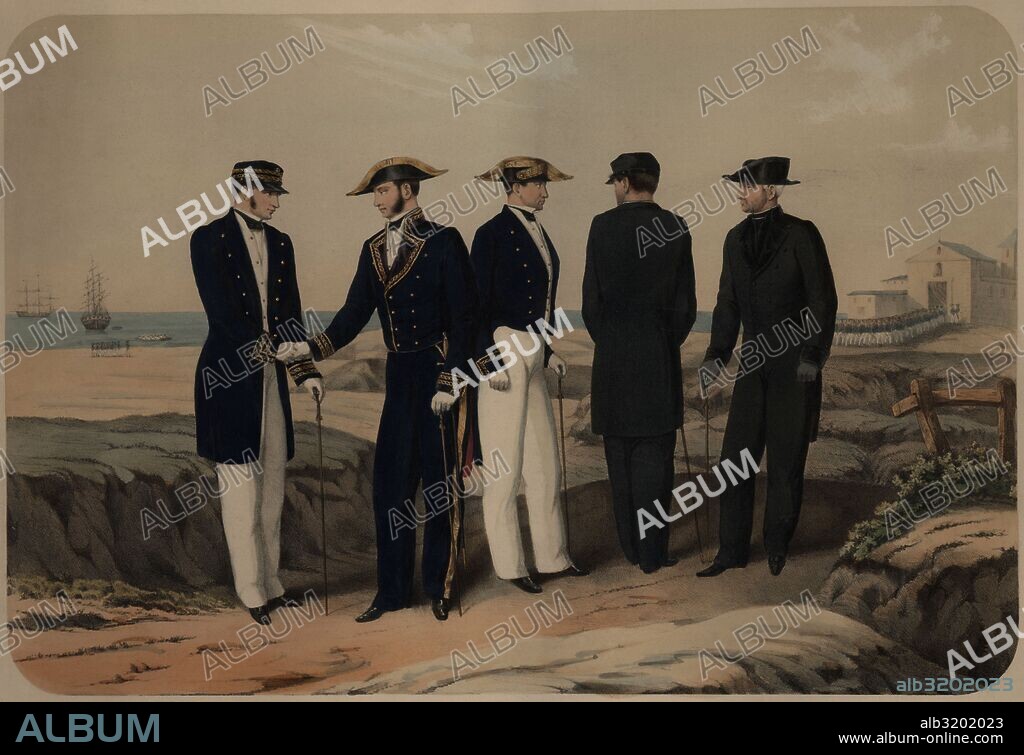 España. Uniforme militar del Cuerpo Jurídico y Eclesiástico de la Armada. Auditor en traje de diario, Auditor en traje de gala, Fiscal, Capellán en traje de diario, y Capellán en traje de gala. Grabado de 1840.